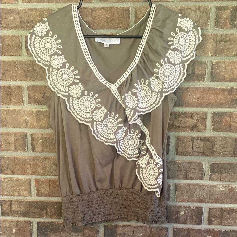 Fever Camo Green Top with White Lace Embroidery Detail
